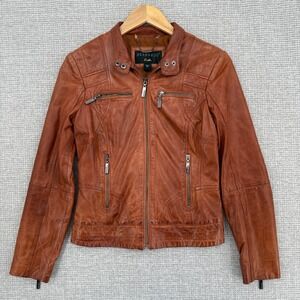 Bernardo Leather Moto Jacket Brown Full Zip Pockets Quilted‎ Detail Sz XS